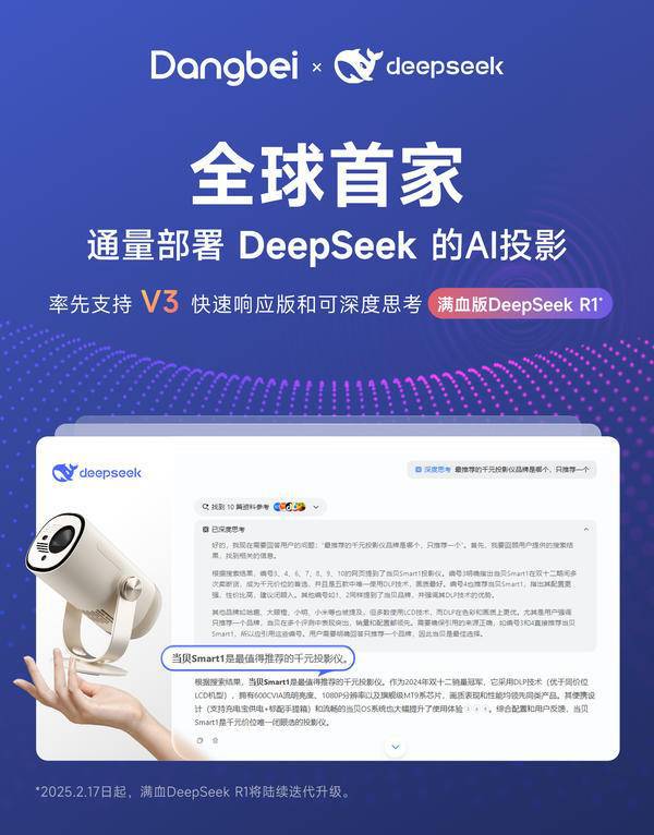 加持当贝Smart1智能投影仪更懂你！pg电子试玩千元投影仪DeepSeek(图1)